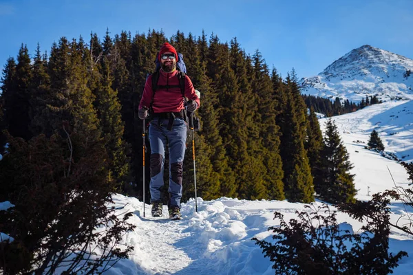 Bearded Man Backpack Hikes Mountains Winter Nice Weather Winter Sunny — Stock Photo, Image