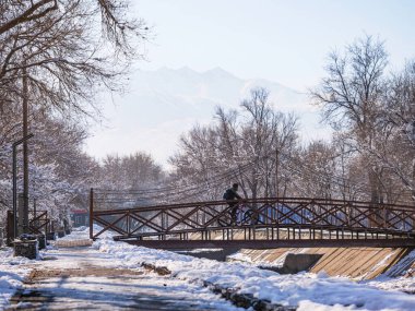 Bir bisikletçi kış günü bir şehir parkında köprüden geçer. Kışın aktif yaşam tarzı