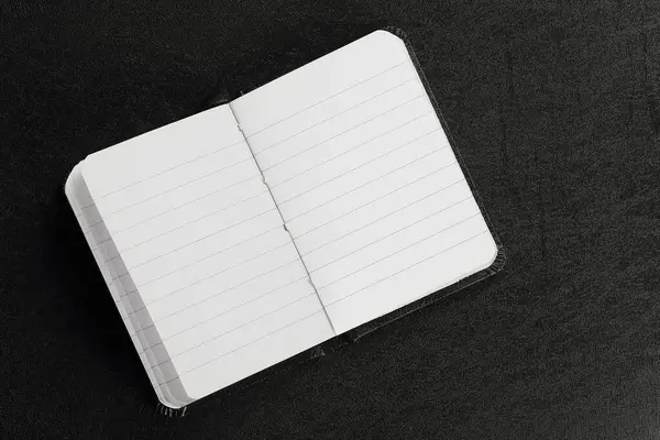 Öppen Och Blank Agenda Bok Svart Yta — Stockfoto