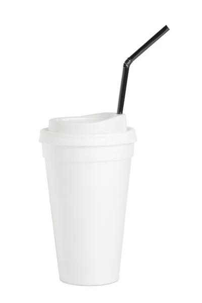 Foam Takeaway Coffee Cup Lid Straw Isolated White — Stock Photo, Image