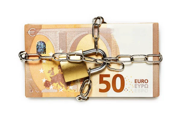 带有挂锁和锁链的欧元钞票 货币概念 — 图库照片