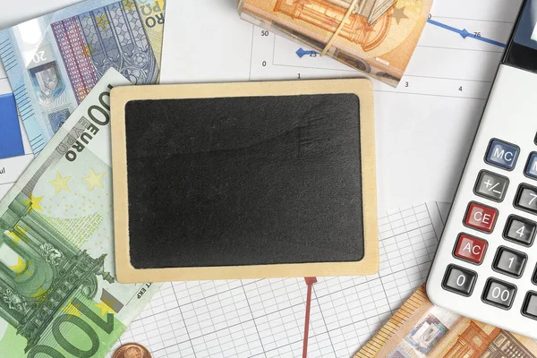 Blank Blackboard Graphs Euro Cash Calculator — Stock Photo, Image