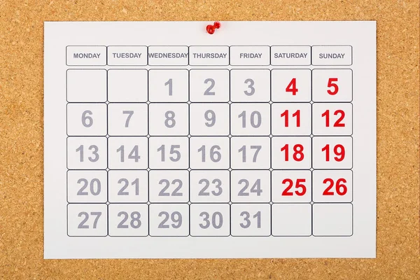 Kalender auf Korkplatte — Stockfoto
