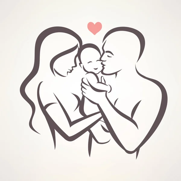 Happy family stylized vector symbol, young parents and baby — Stock Vector