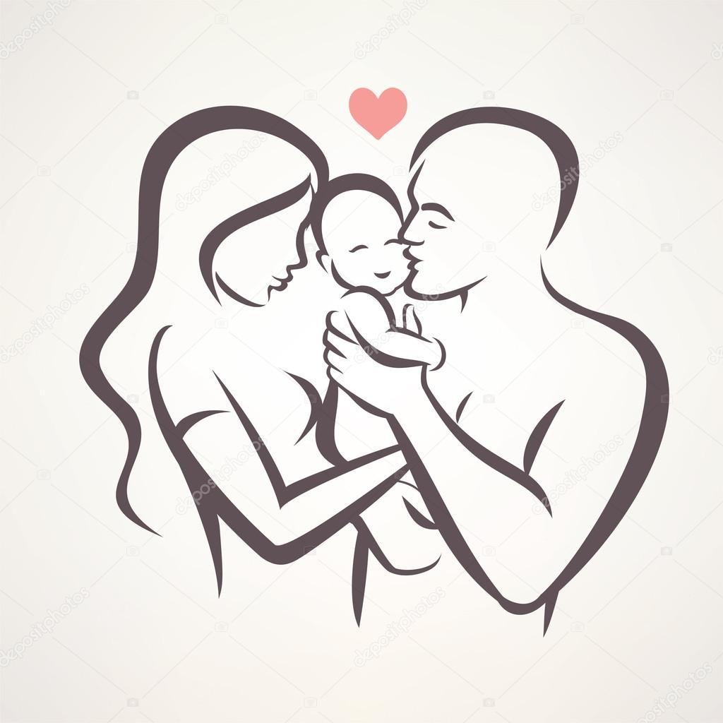 happy family stylized vector symbol, young parents and baby