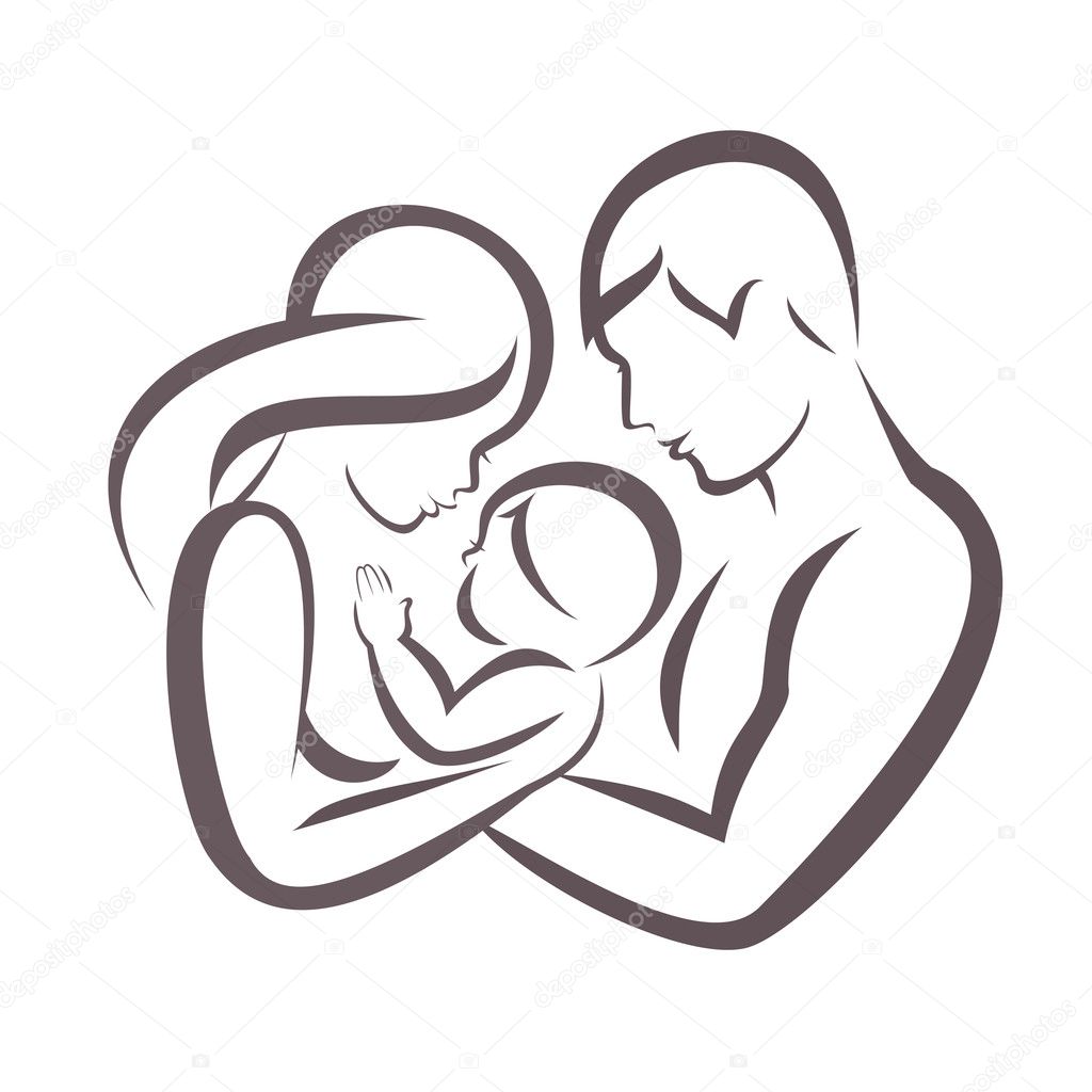 happy family stylized vector symbol, young parents and child