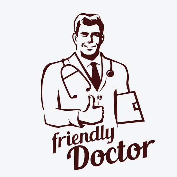 Doctor portrait retro emblem, stylized sketch of smiling doctor — Stock Vector