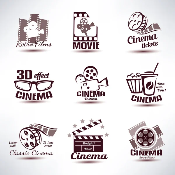 Cinema vector symbols and retro emblems collection — Stock Vector