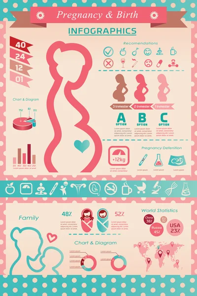 Infografía del embarazo y el parto, plantilla de presentación y el icono — Vector de stock