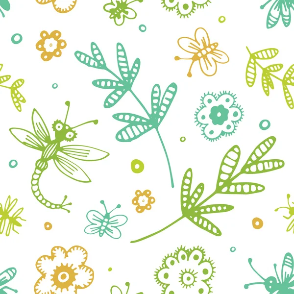 Abstraktní bezešvé pozadí, květiny a hmyz ručně kreslenou pat — Stockový vektor