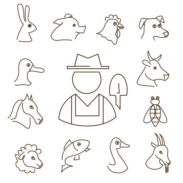 Icone lineare di fattoria degli animali insieme, linee sottili delle siluette degli animali — Vettoriale Stock