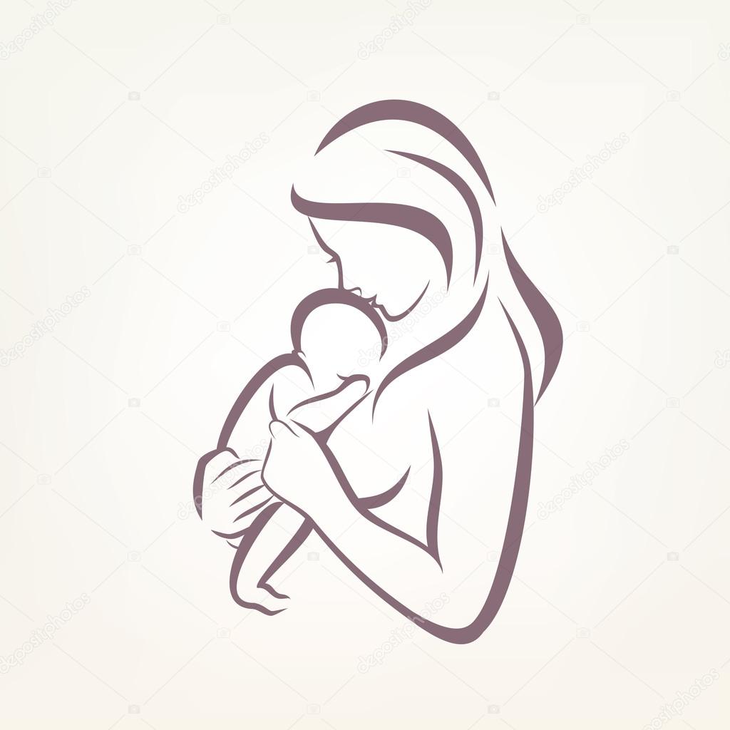 mom and baby stylized vector symbol, outlined sketch