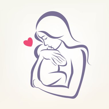 mom and baby stylized vector symbol, outlined sketch clipart