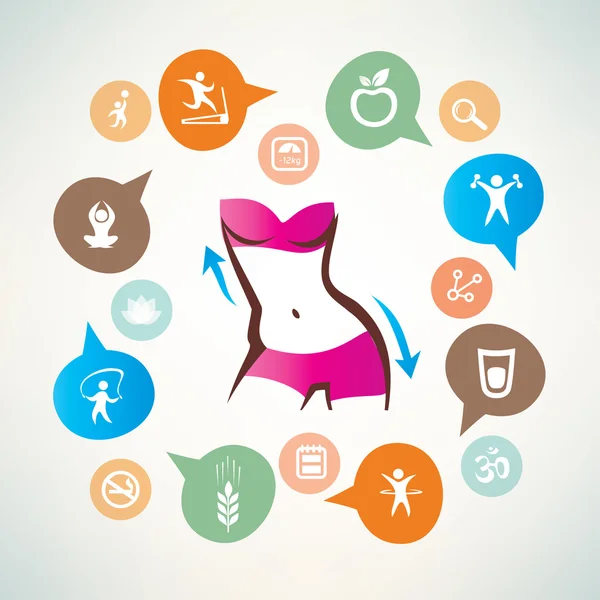 Fitness e body care infographics, raccolta di icone, vita sottile — Vettoriale Stock