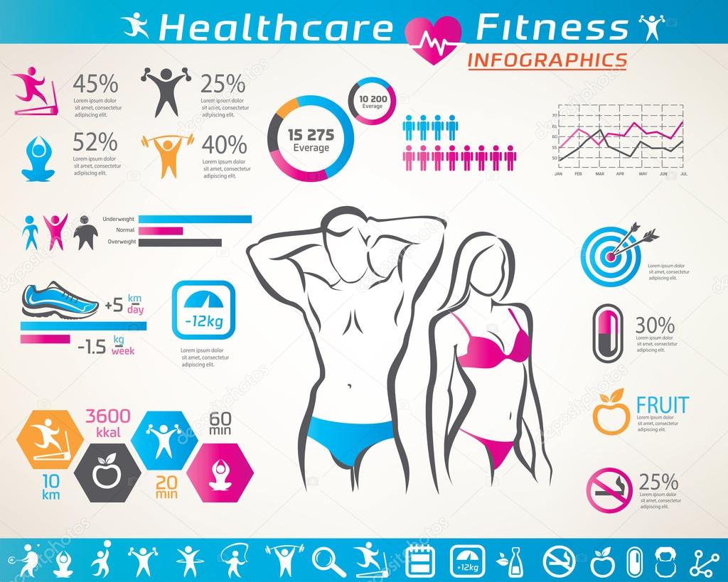 fitness and wellness infographcs, active  people icons set