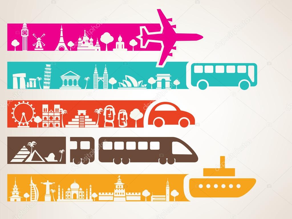 world travel by different kinds of transport, landmarks set