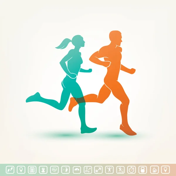 Running man and woman silhouette,  fitness tracker icons — Stock Vector