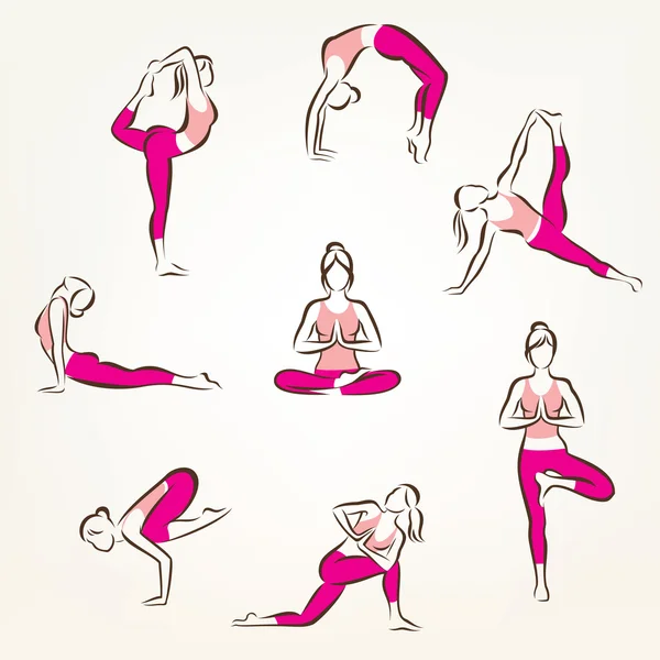 Set van yoga en Pilatesoefeningen vormt symbolen, gestileerde vector symbolen, — Stockvector