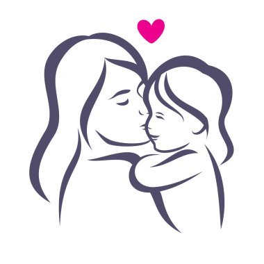 mother and daughter stylized vector silhouette, outlined sketch  clipart
