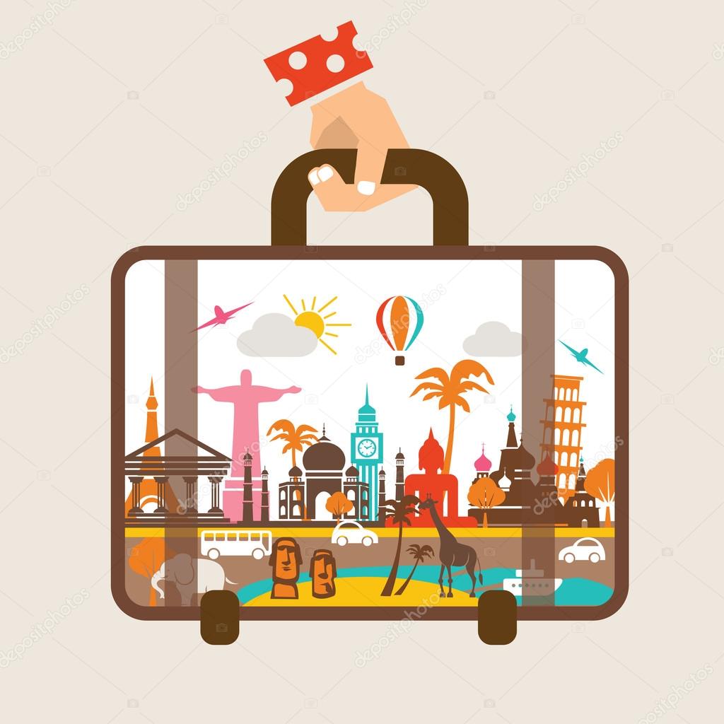 hand holding luggage, travel around the world concept