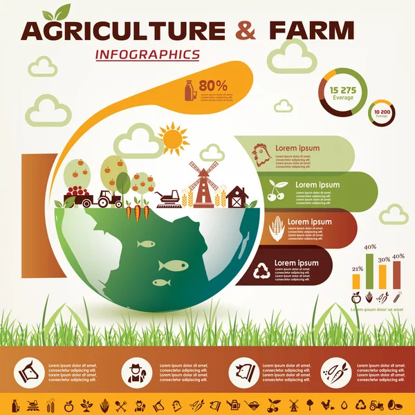 Zemědělství a chov infografiky, vektorové ikony kolekce — Stockový vektor
