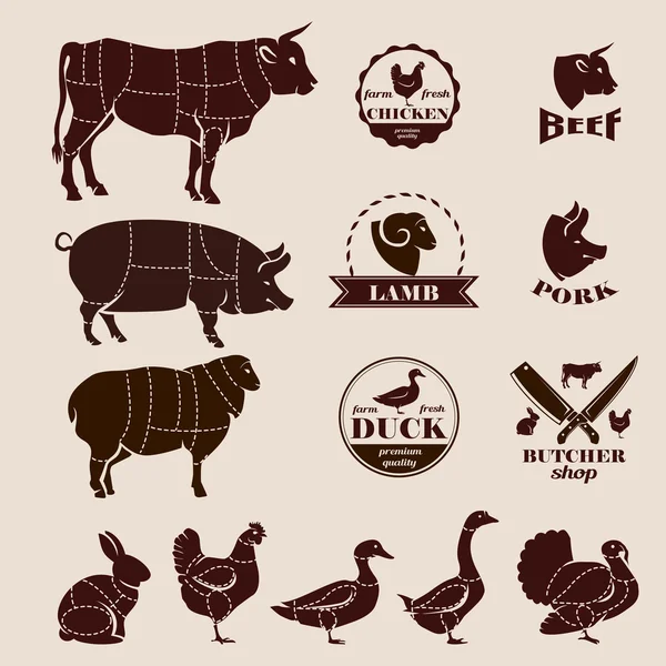 Kawałki mięsa, herby retro rzeźnik i zestaw etykiet, projekt elemen — Wektor stockowy