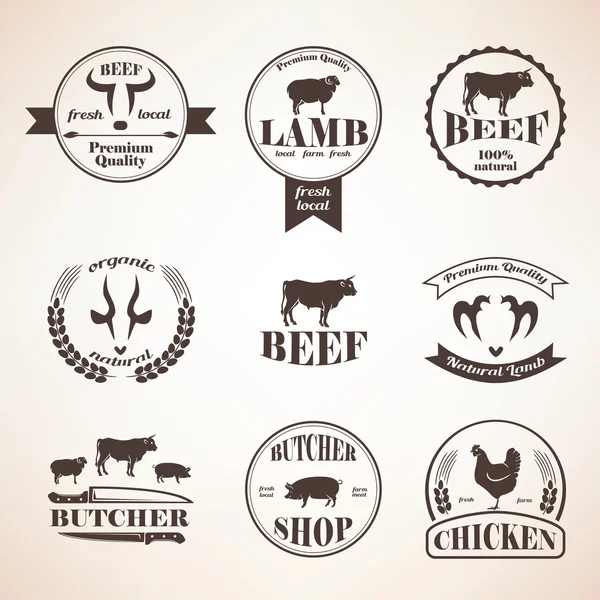 Butcher retro emblems and labels set,  design elements and templ — Stock Vector