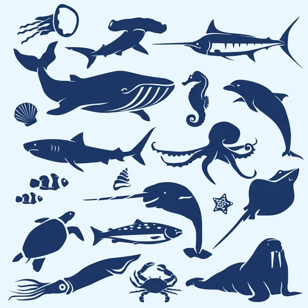 海、 海洋生物、 海洋动物和鱼类剪影集合 — 图库矢量图片