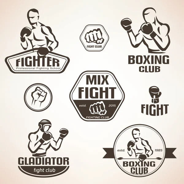 Набор эмблем бойцовского клуба, ММА, боксерских ярлыков и булочек — стоковый вектор