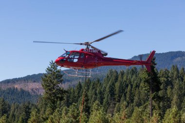 Prospect, Oregon / ABD - 9 Eylül 2014: Prospect State Havalimanı 'ndan bir kırmızı itfaiye helikopteri sallanan bir halat ve kovayla Prospect, Oregon yakınlarındaki 790 yangınını söndürmek için havalanır..