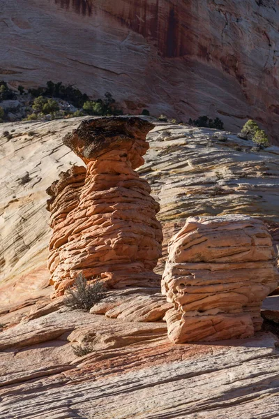 Torres Piedra Arenisca Hoodoos Levantan Del Suelo Cubierto Con Roca — Foto de Stock