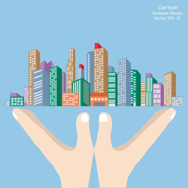 Έννοια του Business καρτούν χέρι κρατώντας αστικό τοπίο, διάνυσμα εικόνα EPS 10. — Διανυσματικό Αρχείο