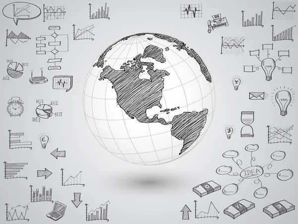 Mundo dos negócios mapa globo com gráfico doodle criativo e gráfico, Vector Ilustração EPS 10 . — Vetor de Stock