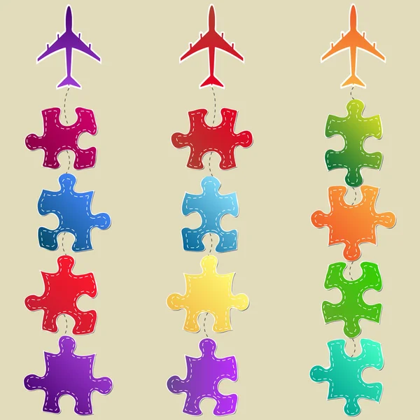 Banner di design moderno colorato con aeroplano, aereo e puzzle, illustrazione vettoriale EPS 10 . — Vettoriale Stock