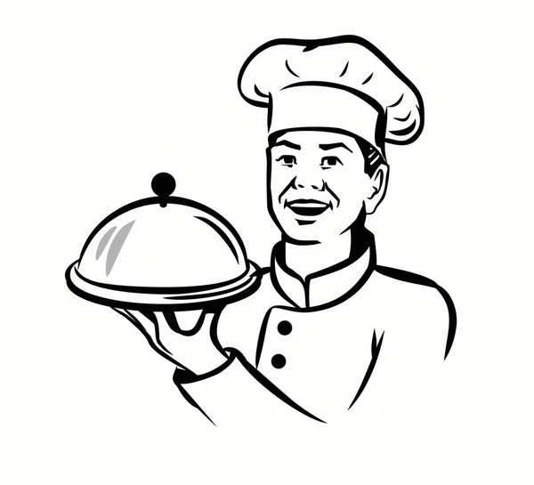 Chef con sombrero y placa caliente — Vector de stock