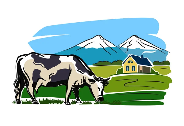 Vaca y granja — Vector de stock