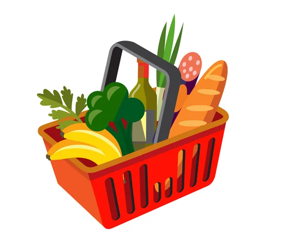 Cesta de compras com alimentos frescos — Vetor de Stock