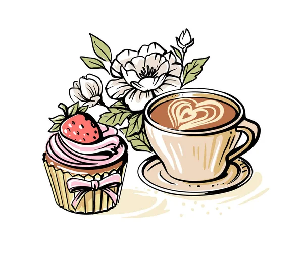 Koffie met pioenrozen en cupcake — Stockvector