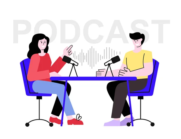 Podcast menina e cara sentado à mesa em estúdio —  Vetores de Stock