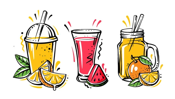 Different glasses with juice and fruits on white background in sketch style — Stock Vector