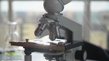 Laboratuvarda büyük pencereli mikroskop duruyor