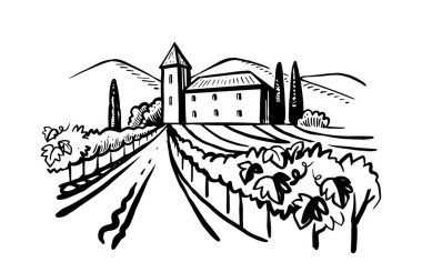 Köyde üzüm tarlası eskiz tarzında evler