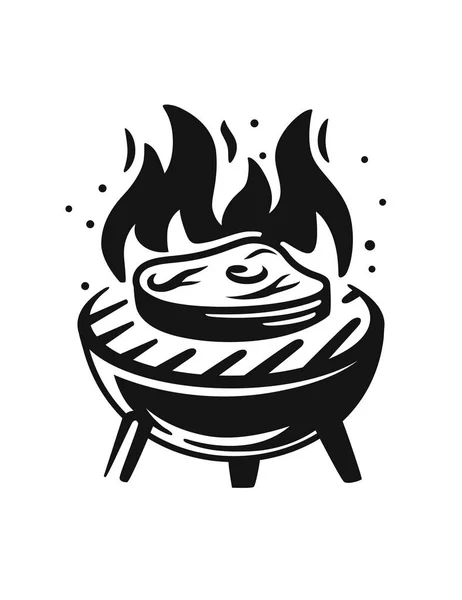 Barbecue-Logo schwarzes Steak auf Feuer gebraten — Stockvektor