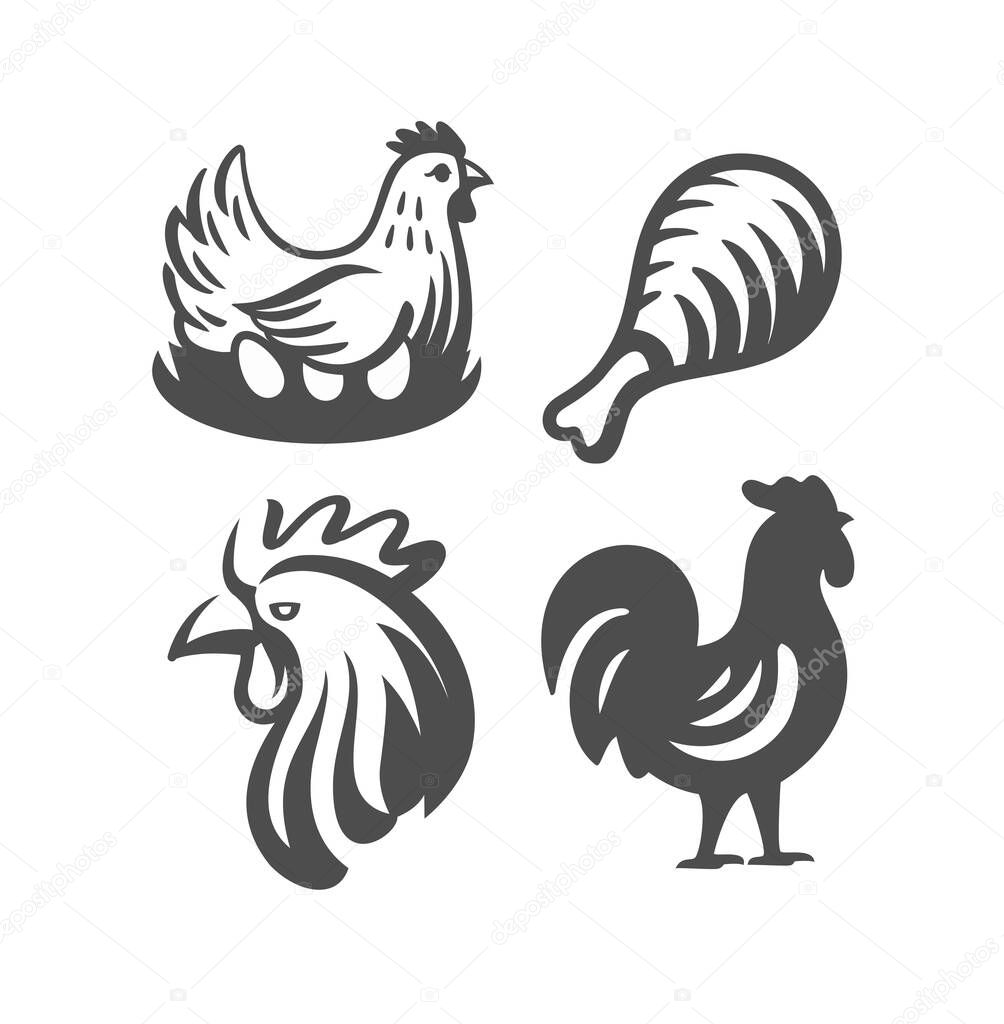 Logo chicken and rooster emblems on white background. Vector illustration