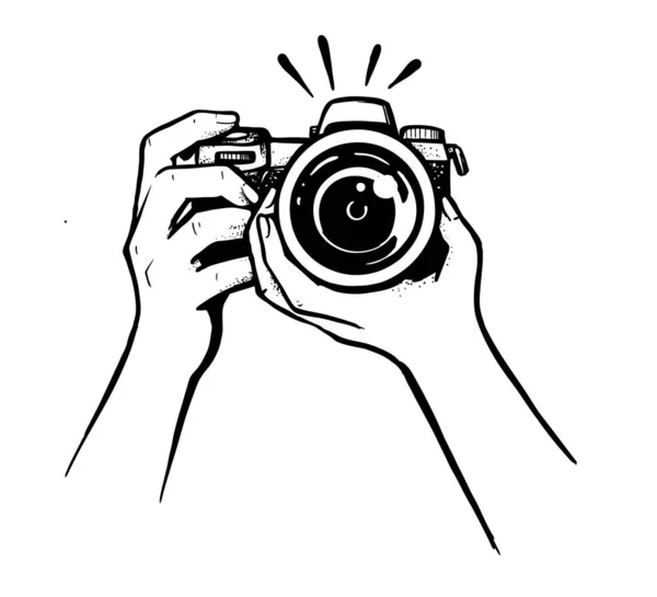 Female hand holding camera on white background — Stock Vector