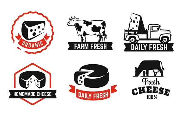 Conjunto negro emblema de queso para productos agrícolas — Archivo Imágenes Vectoriales
