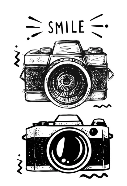 Digital photo camera drawn in sketch on white background — Stock Vector