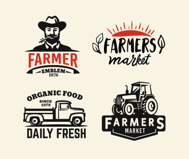 Çiftçi ve traktörlü siyah çıkartmalar.