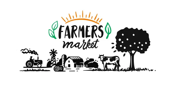 Farmu s krávou, stromem a domem. Text zemědělského trhu — Stockový vektor
