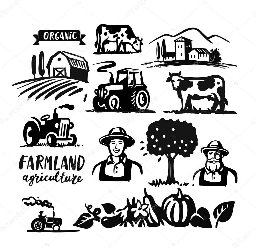 Farming theme. Elements for design, farmer cows tractor. Vector illustration
